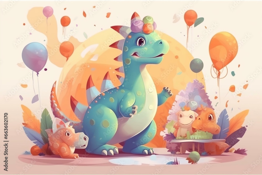 Fun dinosaur birthday celebration with cute character, cake, confetti, balloons on pastel background. Generative AI