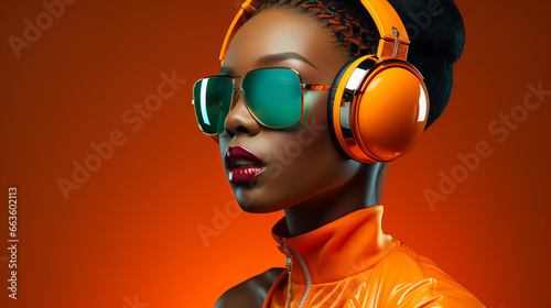 Young african american woman listening to music. High fashion studio portrait of black model with sunglasses, headphones and beautiful makeup on neon orange colourful background, copy space photo