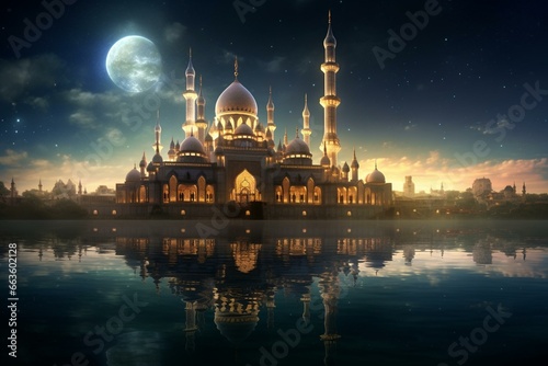 Stunning mosque shimmering under a crescent moon. Generative AI photo