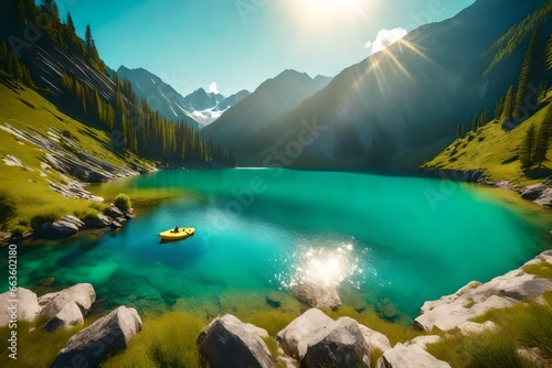 Beautiful landscape of mountainous nature with bright summer sun photo