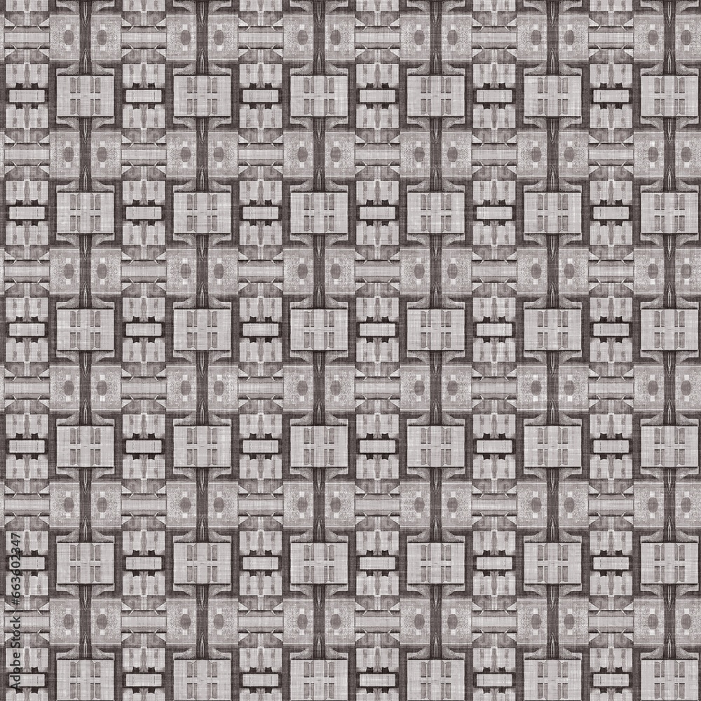 Traditional grey mosaic seamless pattern print. Fabric effect mexican patchwork damask grid Square shape symmetrical background textile . Creative colorful graphic design.