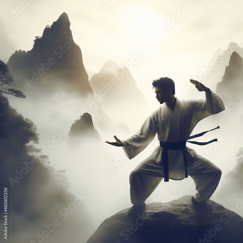 person in the clouds Oriental style illustration, deep canyons and mountains, martial arts, taekwondo, kung fu feeling