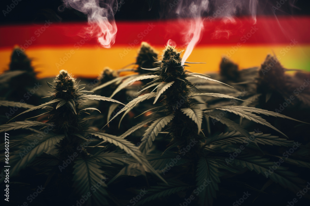The Blend of Tradition and Change: Germany's Flag Amidst Cannabis Buds Celebrating Legalization - obrazy, fototapety, plakaty 