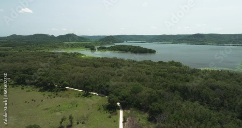 Great River Scenic Byway along the vast, majestic Mississippi River. Aerial. photo