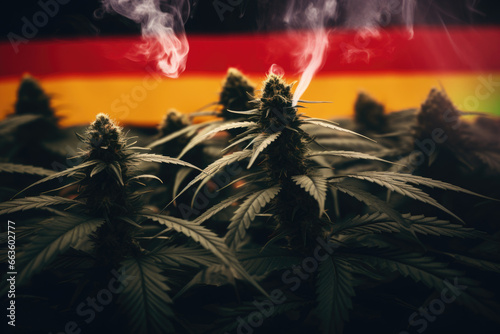 The Blend of Tradition and Change: Germany's Flag Amidst Cannabis Buds Celebrating Legalization photo