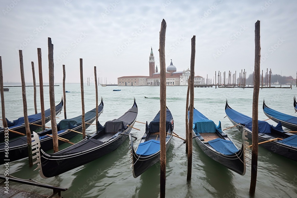 Gondolas docked outside Saint Mark's Square with the San Giorgio di Maggiore church in Venice, Italy. Generative AI