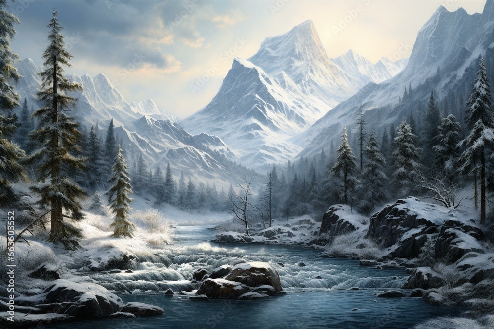Scenic winter woods near river with mountain backdrop. Generative AI