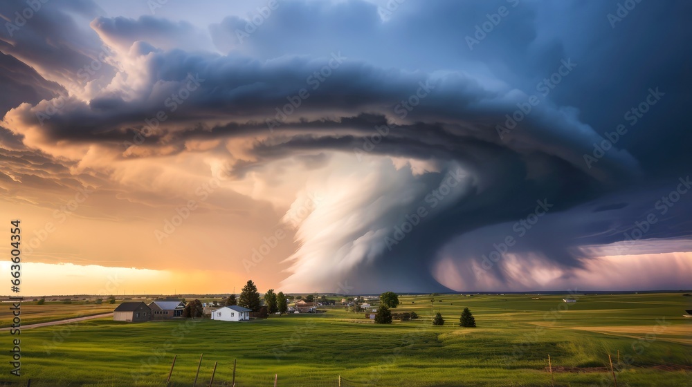 Tornado in stormy landscape, thunder storm, climate change, natural disaster Tornado in stormy landscape, thunder storm, climate change, natural disaster