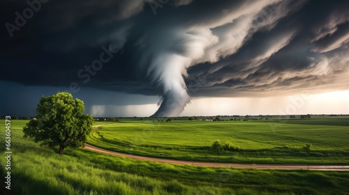 Tornado in stormy landscape, thunder storm, climate change, natural disaster