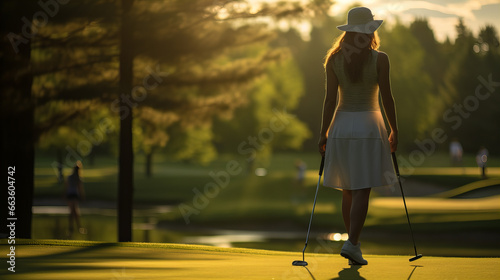 Silhouette of a woman in golf course, young professional female golf player hit sweeping and keep golf course doing golf swing, exercise for relax time photo
