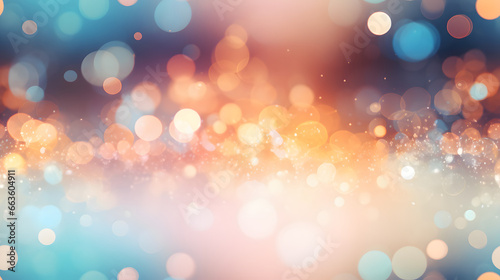 Bokeh background, blue and orange base, contrasting pastel tones, glittering and shiny lights out of focus.