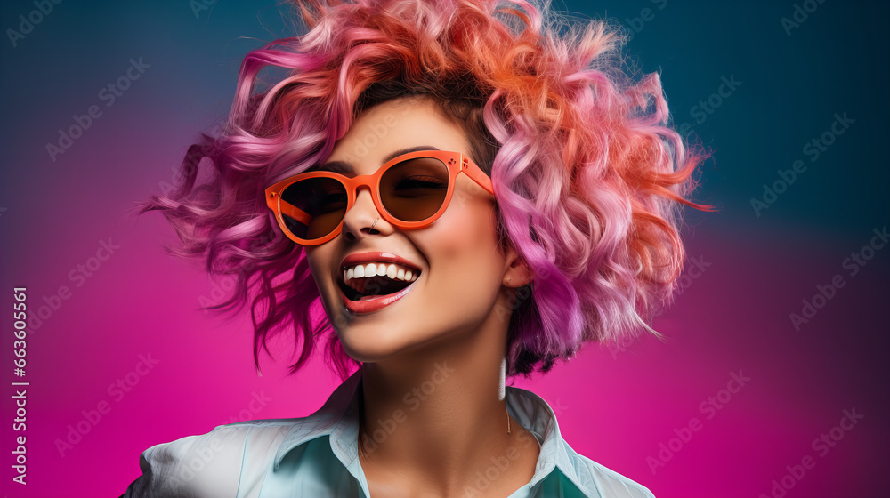 Young positive woman bright makeup pink hair sunglasses, glamor stylish glasses color background unaltered, smiling and laughing,  copy space, April Fools' Day