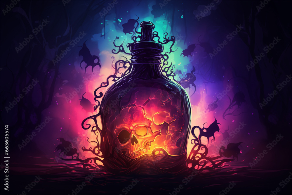 horror illustration of a bottle of poisonous potion - obrazy, fototapety, plakaty 