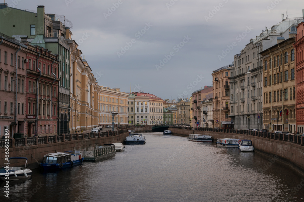 Moika River embankment and Singing Bridge on a cloudy spring morning, Saint Petersburg, Russia