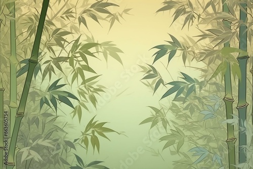 Background material with green and wide bamboo and cloud patterns in traditional Japanese style. Generative AI