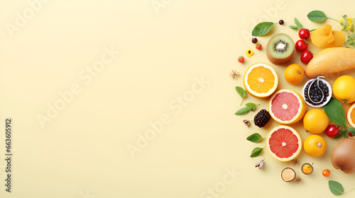 colorful fresh fruits and vegetables on abstract pink background with copy space text free. food photography,  banner top view. generative ai