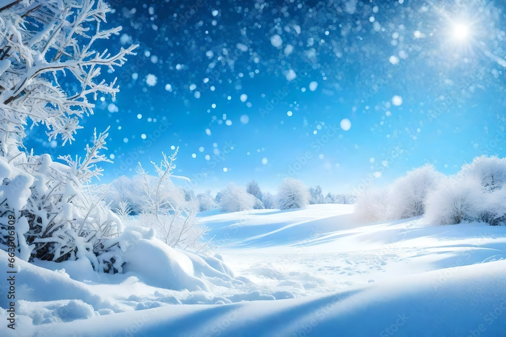 Natural Winter Christmas background with blue sky, heavy snowfall