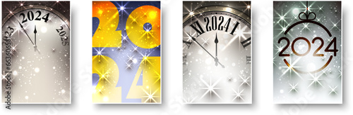 New Year 2024 countdown clock over background with glisters and defocused lights. Vertical green and golden banners.