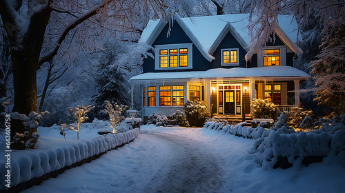 Exterior of Scandinavian house lit by warm lighting in the snow