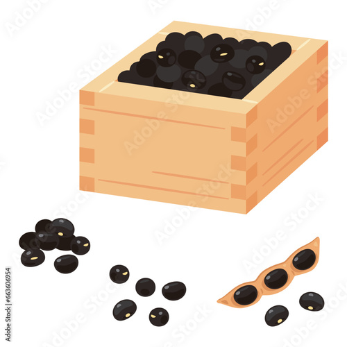 サヤ付きの黒豆と升に入った黒豆