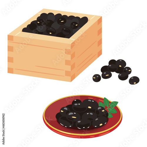 升に入った黒豆と小皿に盛られた黒豆煮