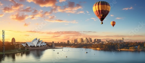 Panoramic view of Sydney Harbour Bridge and Sydney Opera House at sunset