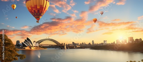 Panoramic view of Sydney Harbour Bridge and Sydney Opera House at sunset