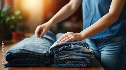 Close up of young woman ironing clothes on bed at home