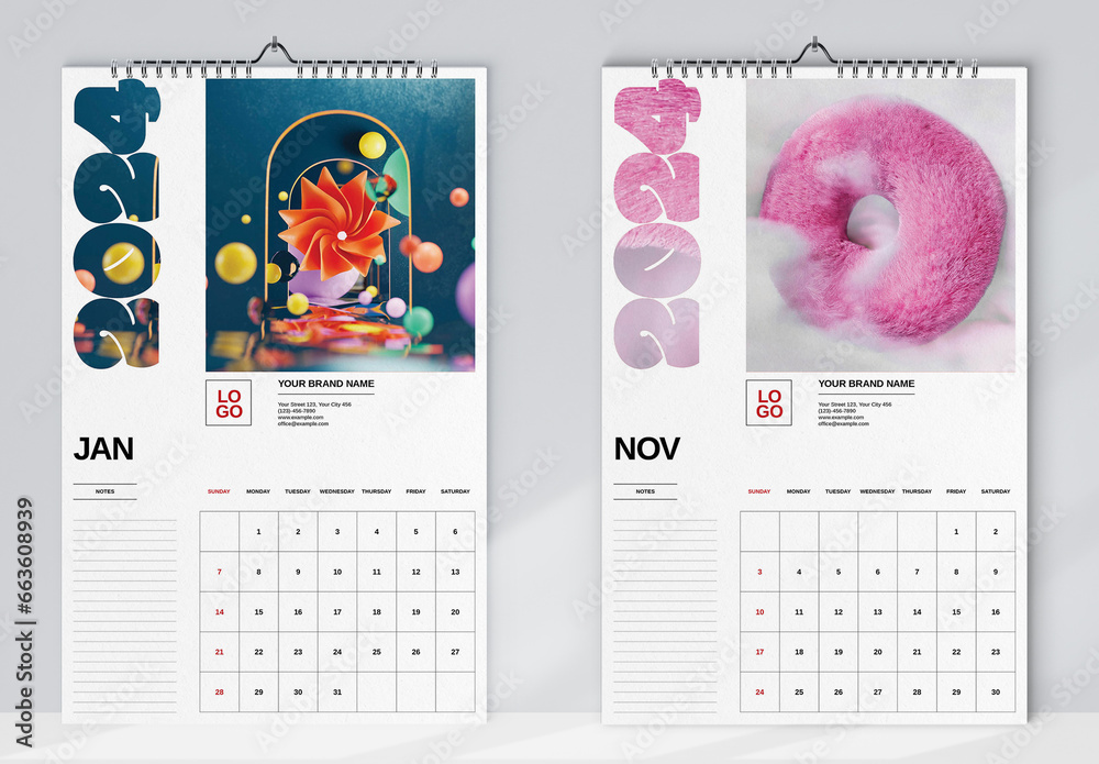 Coloured Render Wall Calendar 2024 Layout Stock Template | Adobe Stock