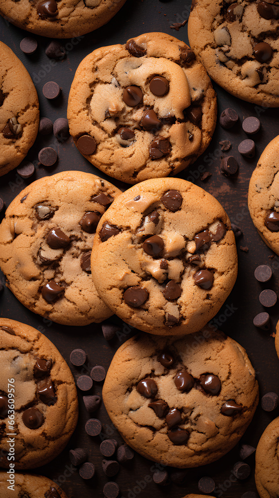 Flat lay of chocolate chip cookies. 