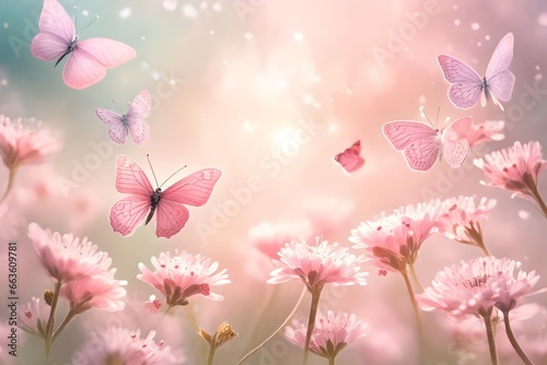 Beautiful floral design of gentle pink roses with fluttering butterflies 