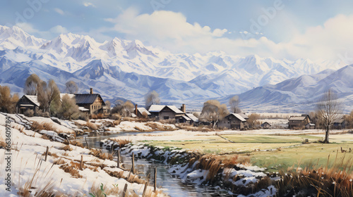 Watercolor Paintings of Snowcapped Villages, Mountains, Lakes, and Farms