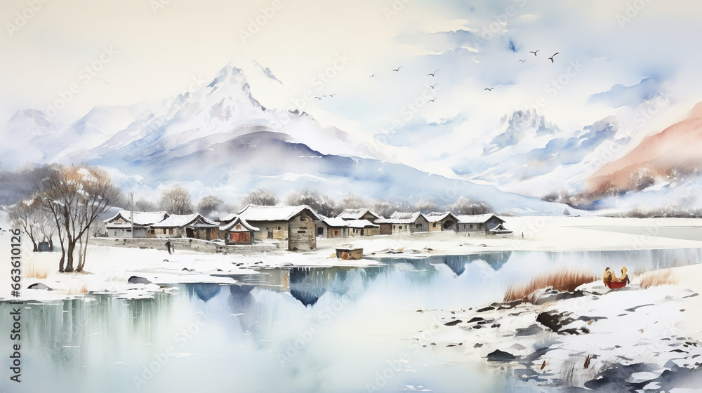 Watercolor Paintings of Snowcapped Villages, Mountains, Lakes, and Farms