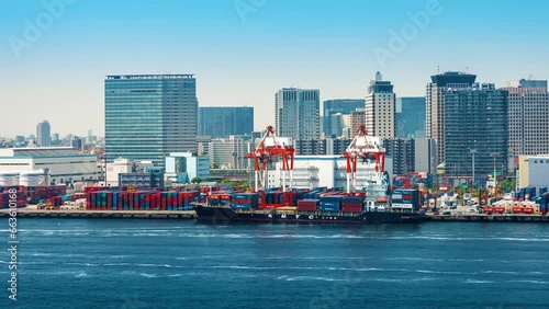 Timelapse of a busy Tokyo port cargo dock with a view of the Tokyo's skyline