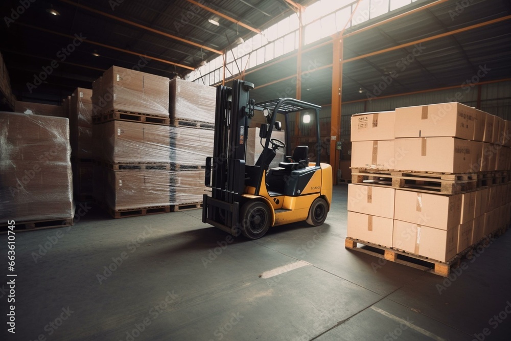 Loading pallets and boxes using a forklift in a warehouse. Generative AI