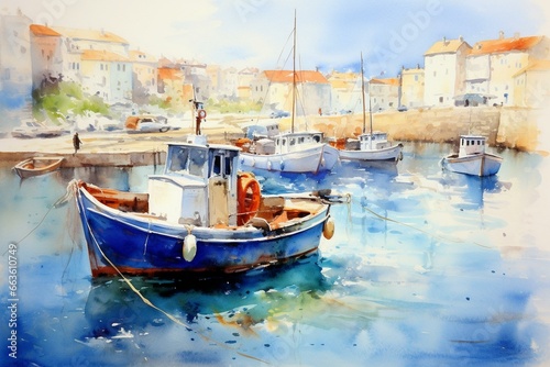 Water. Sea. Landscape. Blue. Watercolor. Boats. Bridge. Generative AI