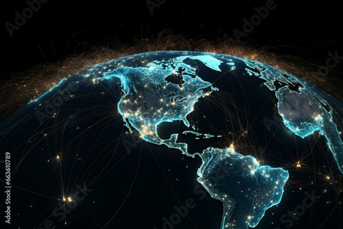 View of worldwide communication network as seen from space - a digital creation. Generative AI