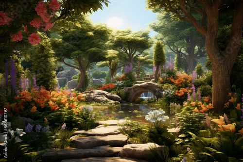 Nature-themed 3D rendering of a lush garden with trees and landscaping. Generative AI