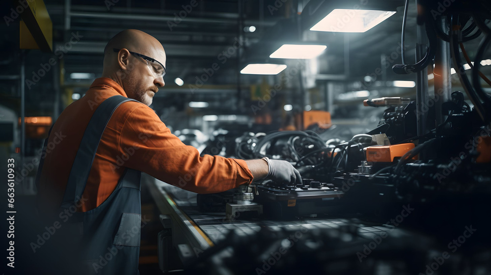 A men woker working on automobile factory, production line working time A men woker working on automobile factory, production line working time