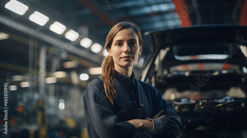 Female woker working on automobile factory, energetic pose