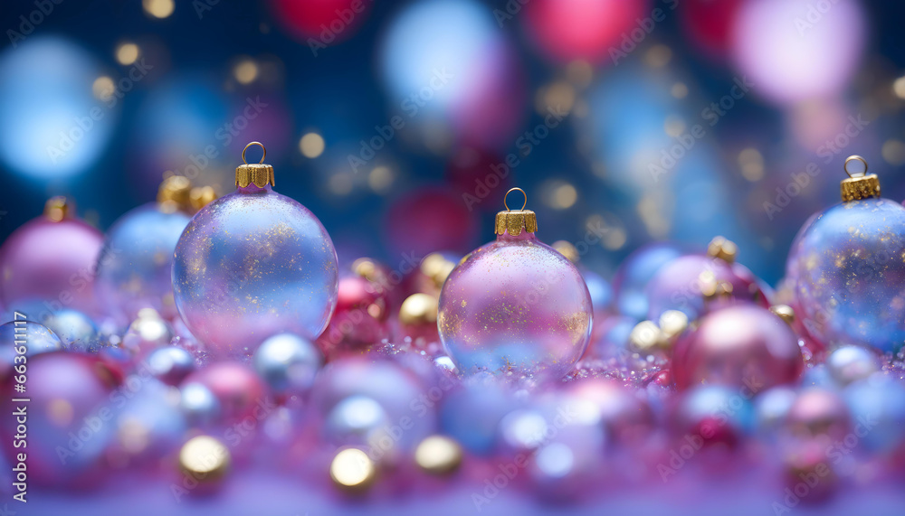 Shimmering Glass Christmas Baubles Backdrop. Baby Blue and pink Xmas Ornaments. Festive Beauty Golden flakes bokeh background. Happy Holidays Wallpaper. 2024 New Year. Party, copy-space, HD design Shimmering Glass Christmas Baubles Backdrop. Baby Blue and pink Xmas Ornaments. Festive Beauty Golden flakes bokeh background. Happy Holidays Wallpaper. 2024 New Year. Party, copy-space, HD design