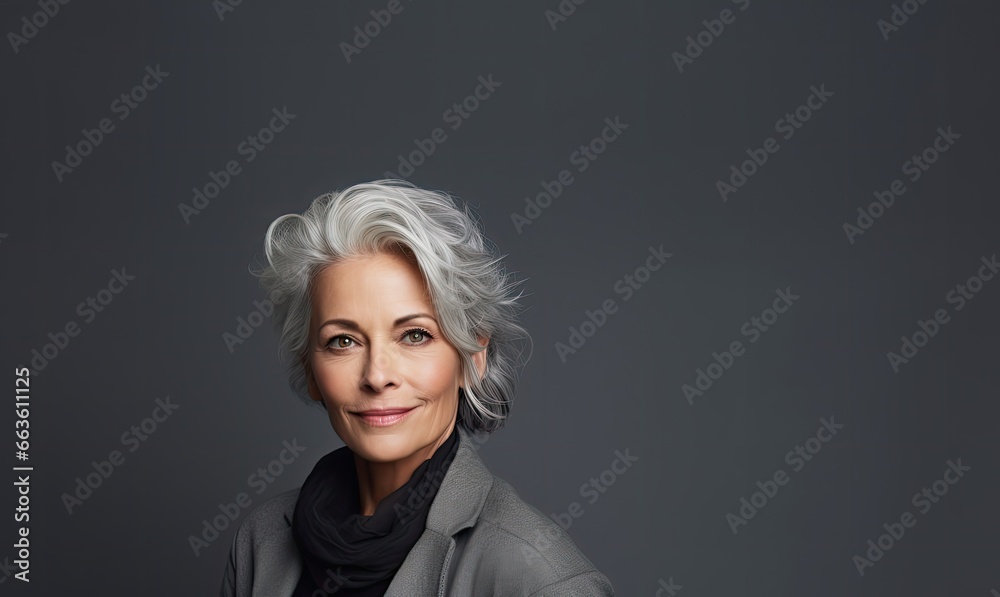 Portrait of Mature Beautiful Woman smiling and standing by grey wall	