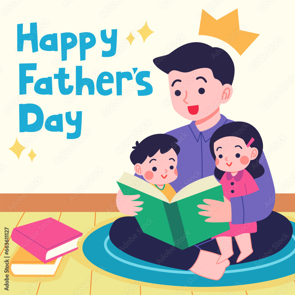 Greeting card design for Father's Day wishing and celebration. Father reading book with Daughter and son. Vector EPS illustration Greeting card design for Father's Day wishing and celebration. Father reading book with Daughter and son. Vector EPS illustration