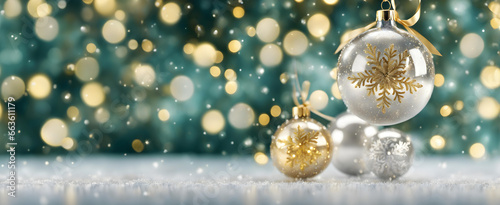 Festive Christmas Baubles, Silver and Gold, Macro Photography, Seasonal Decor. Snowflakes, gold and green bokeh background for elegant Merry Christmas and a Happy New Year 2024. Xmas 24. Festive Wall