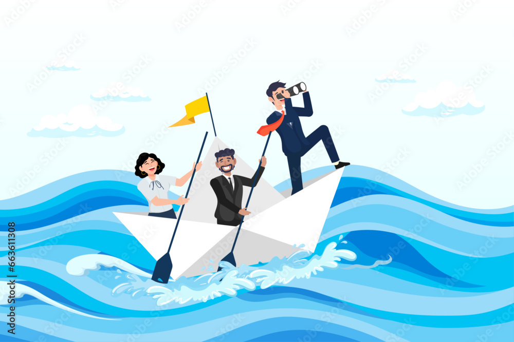 Businessman leader with binoculars lead business team sailing origami ship, leadership to lead business in crisis, teamwork, support to achieve target, vision or forward strategy for success (Vector)