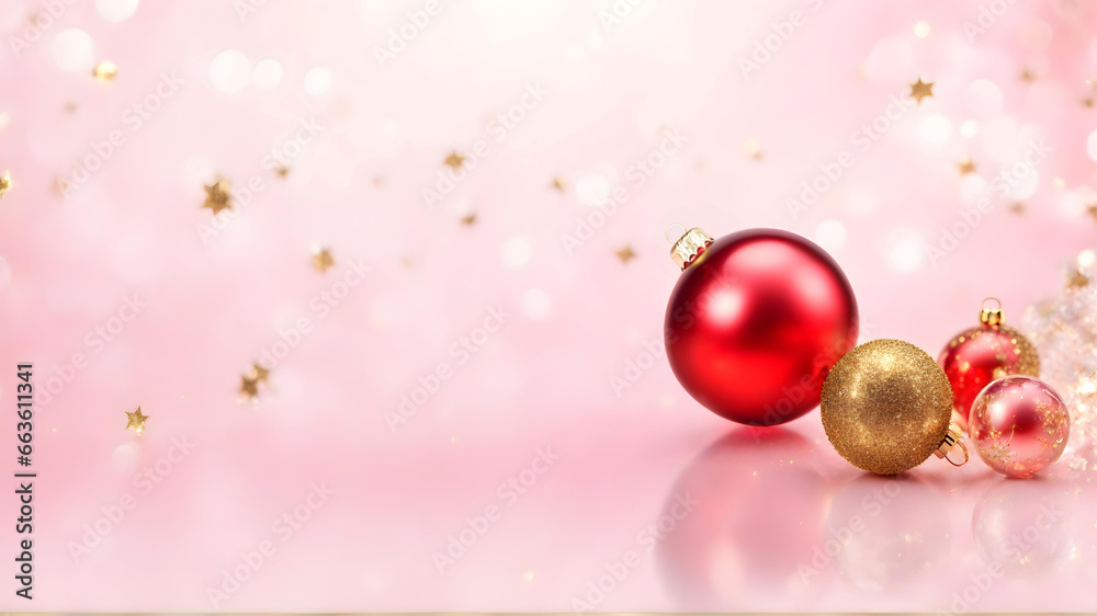 Fototapeta premium Pink Merry Xmas & Golden Happy New Year 2024 Wallpaper. Festive Christmas Baubles Banner. Seasonal Macro Photo with golden flakes bokeh Background and copy space 