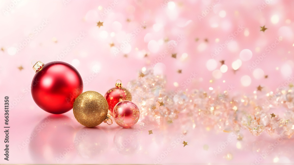 Pink Merry Xmas & Golden Happy New Year 2024 Wallpaper. Festive Christmas Baubles Banner. Seasonal Macro Photo with golden flakes bokeh Background and copy space Pink Merry Xmas & Golden Happy New Year 2024 Wallpaper. Festive Christmas Baubles Banner. Seasonal Macro Photo with golden flakes bokeh Background and copy space