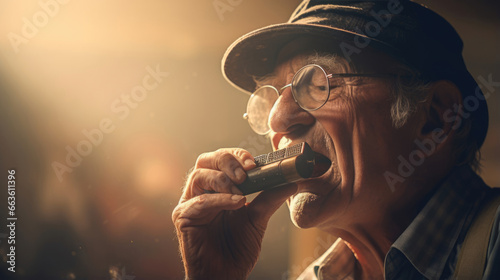An elderly gentleman jamming on a harmonica