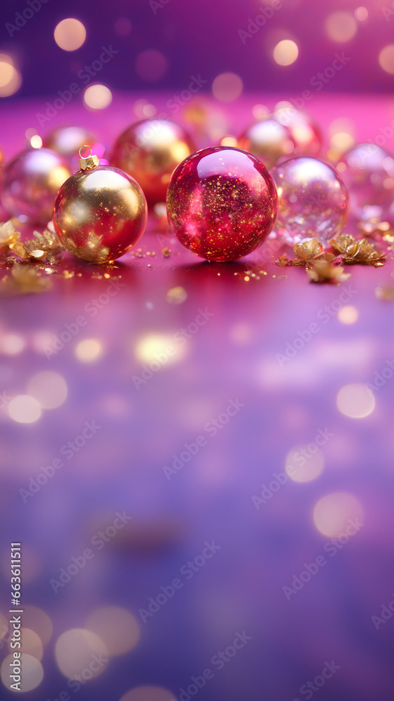 Merry Christmas! Elegant glass baubles with golden leaf. Indigo purple bokeh background, golden flower petals, luxurious. Happy Holidays mobile background. Festive wallpaper Xmas 2024
