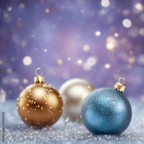 Merry Christmas! Macro of beautiful frosted glass baubles, golden leaf ornament. Indigo purple bokeh background, snow, luxurious. Happy Holidays IG background. Festive wallpaper. 